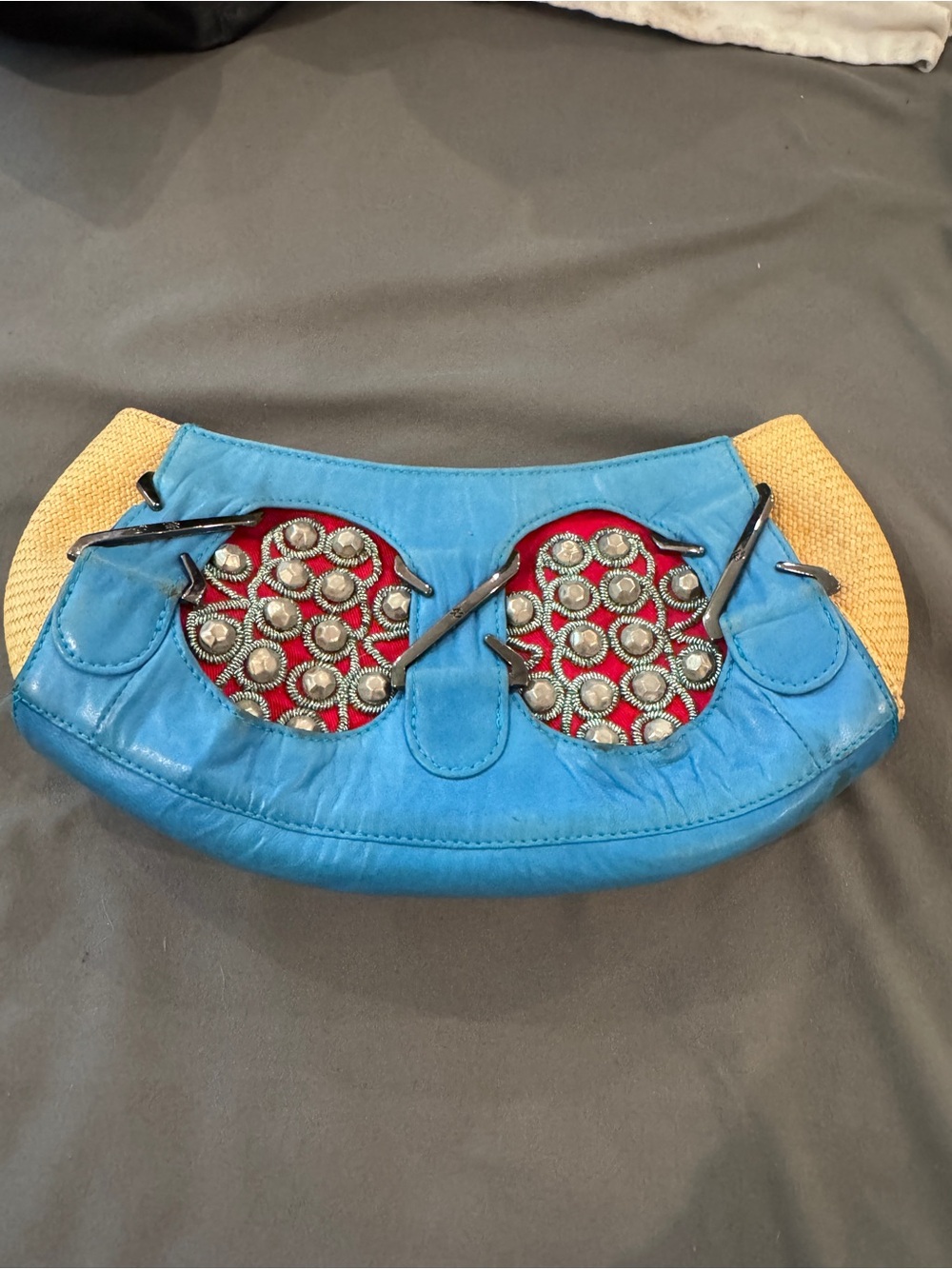 Zac Posen raffia Blue, Red & Tan Embellished Clutch
